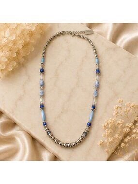 Vintage Chicos Blue Beaded Necklace Silver Tone Long Layered 34 Inch Y2K Jewelry